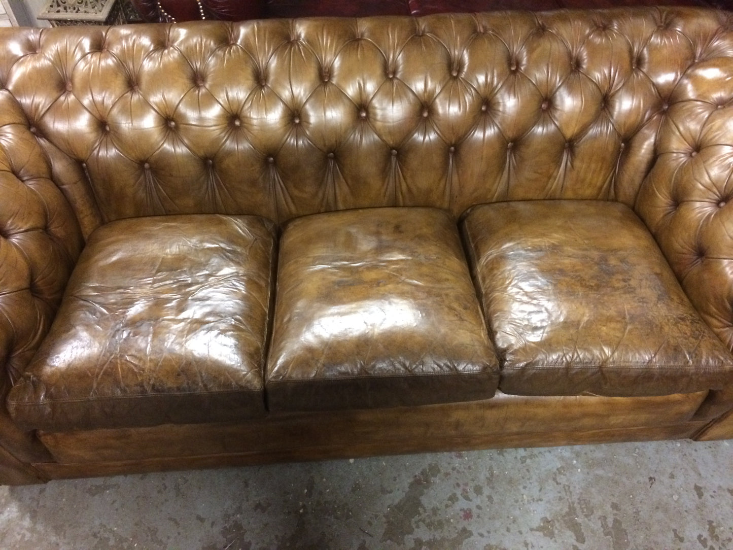 Vintage 70's Hand Dyed Tan / Light Brown Tetrad Leather Chesterfield 3 Seat Sofa SOLD