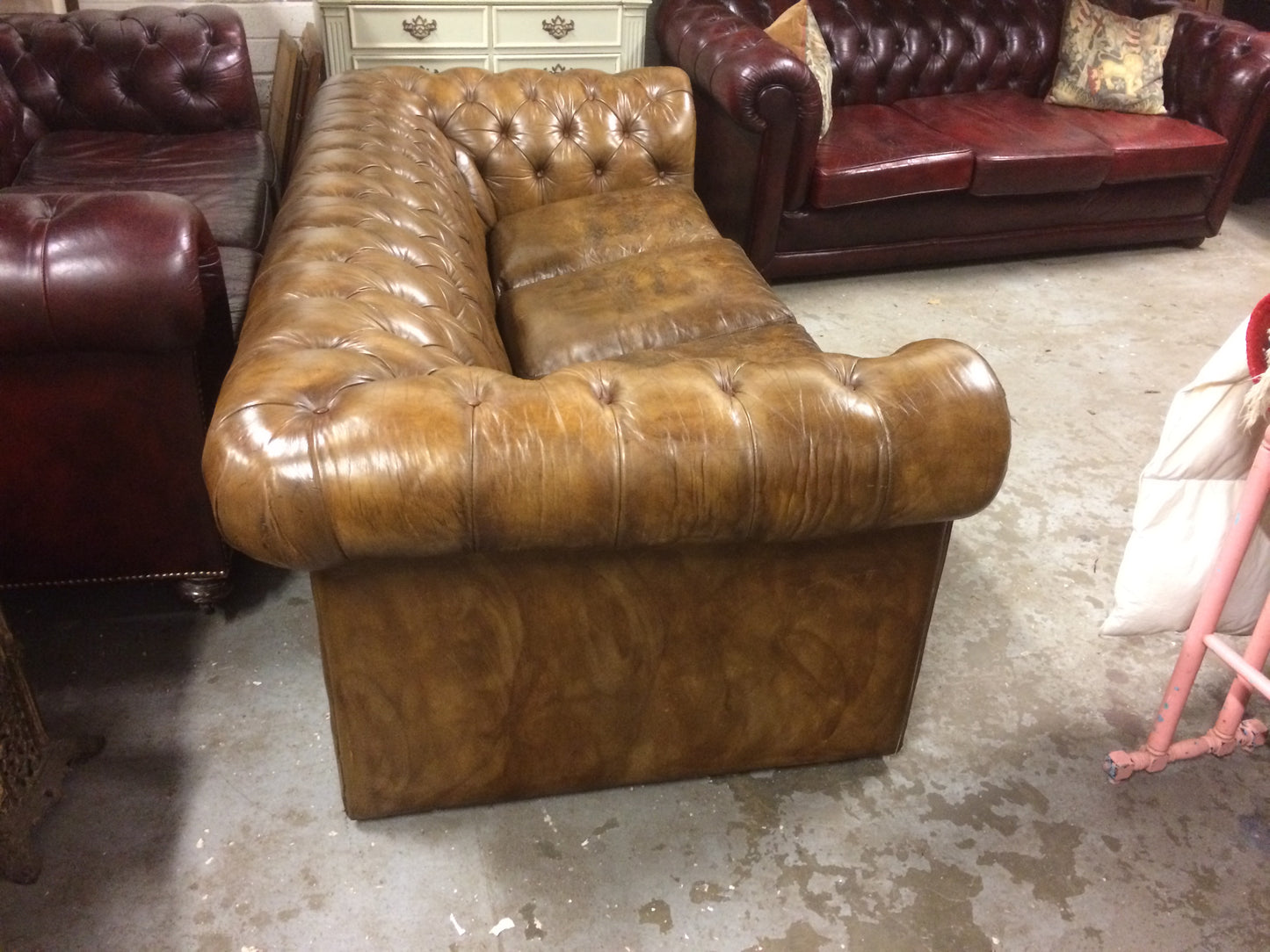 Vintage 70's Hand Dyed Tan / Light Brown Tetrad Leather Chesterfield 3 Seat Sofa SOLD