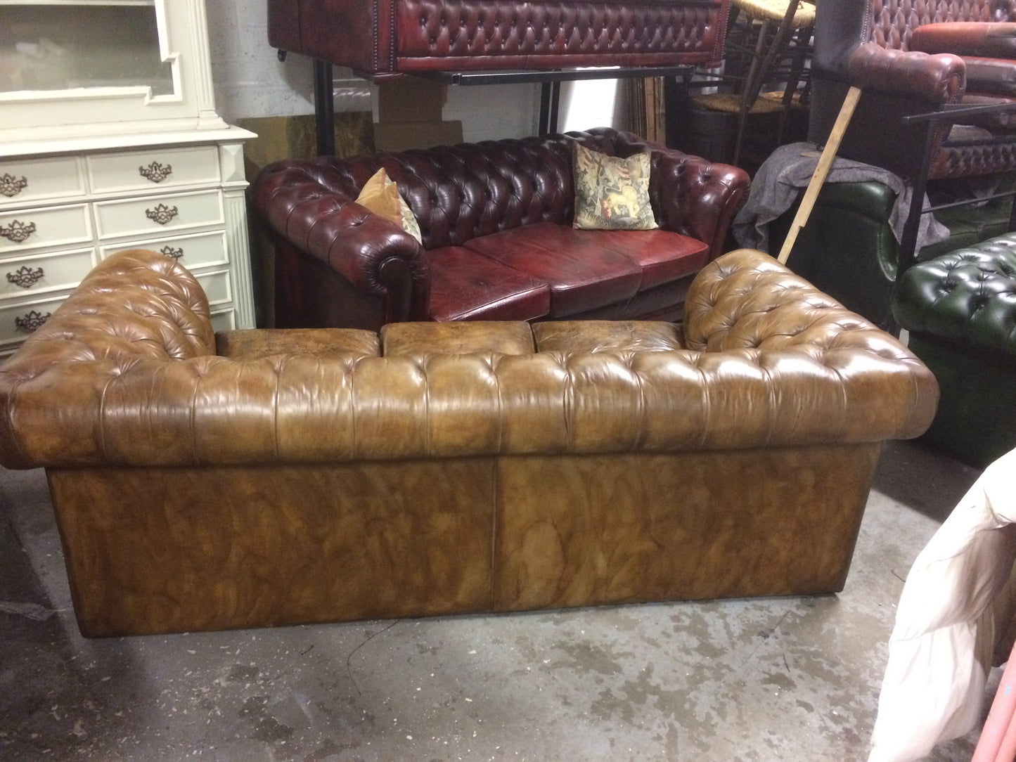Vintage 70's Hand Dyed Tan / Light Brown Tetrad Leather Chesterfield 3 Seat Sofa SOLD