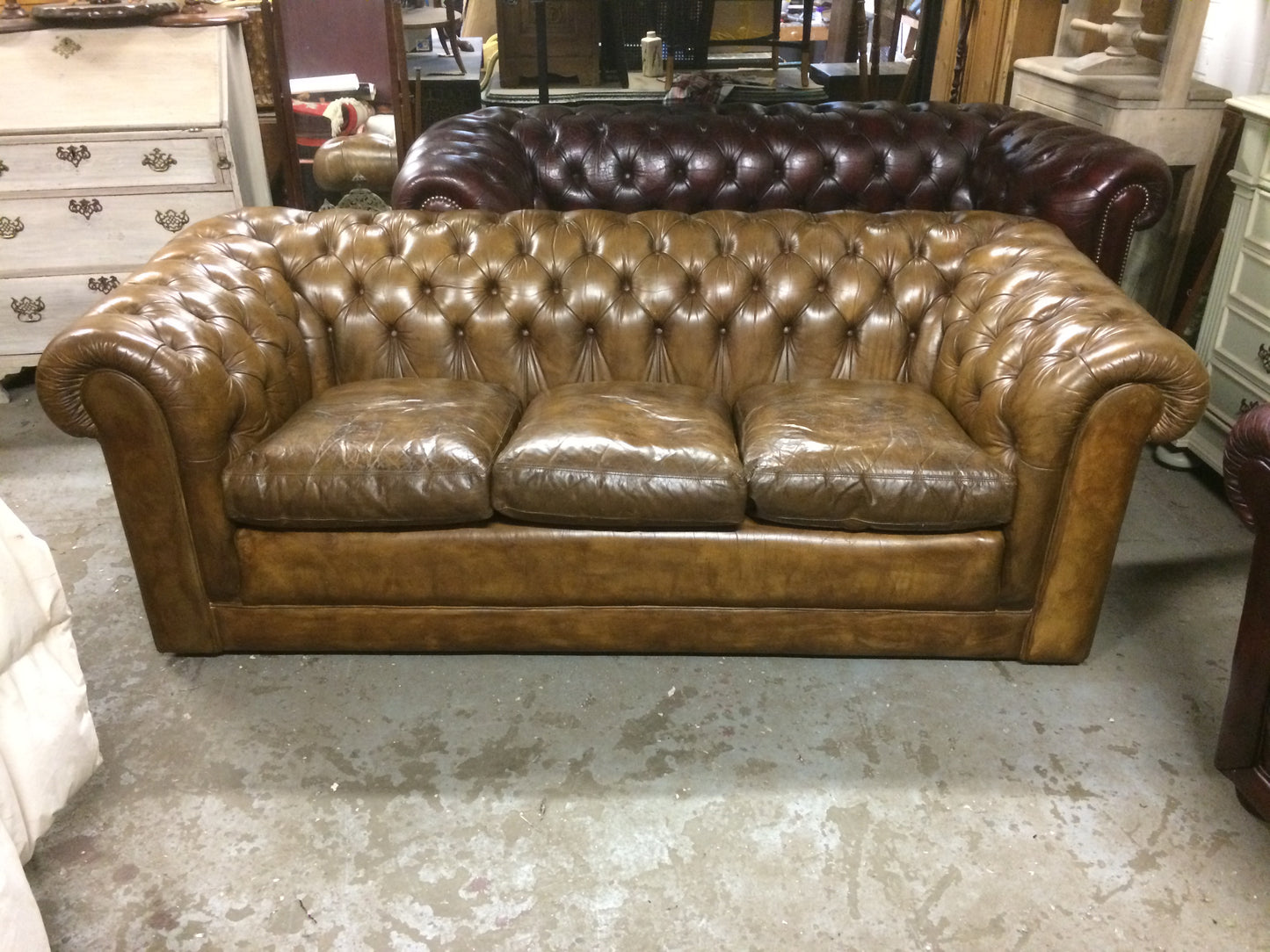 Vintage 70's Hand Dyed Tan / Light Brown Tetrad Leather Chesterfield 3 Seat Sofa SOLD