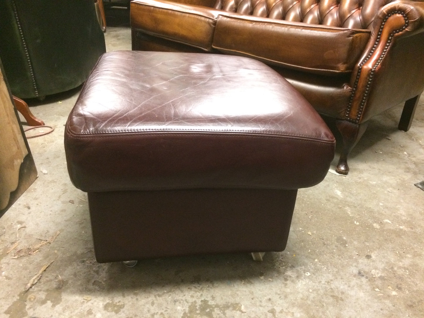 Vintage Retro Dark Red Leather Storage Ottoman / Stool