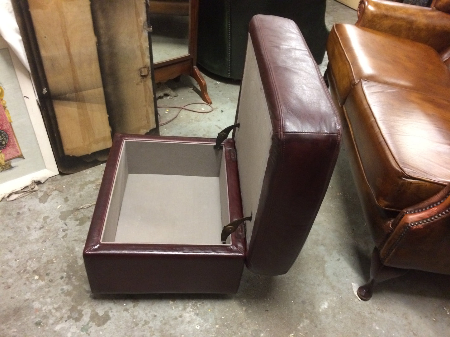 Vintage Retro Dark Red Leather Storage Ottoman / Stool