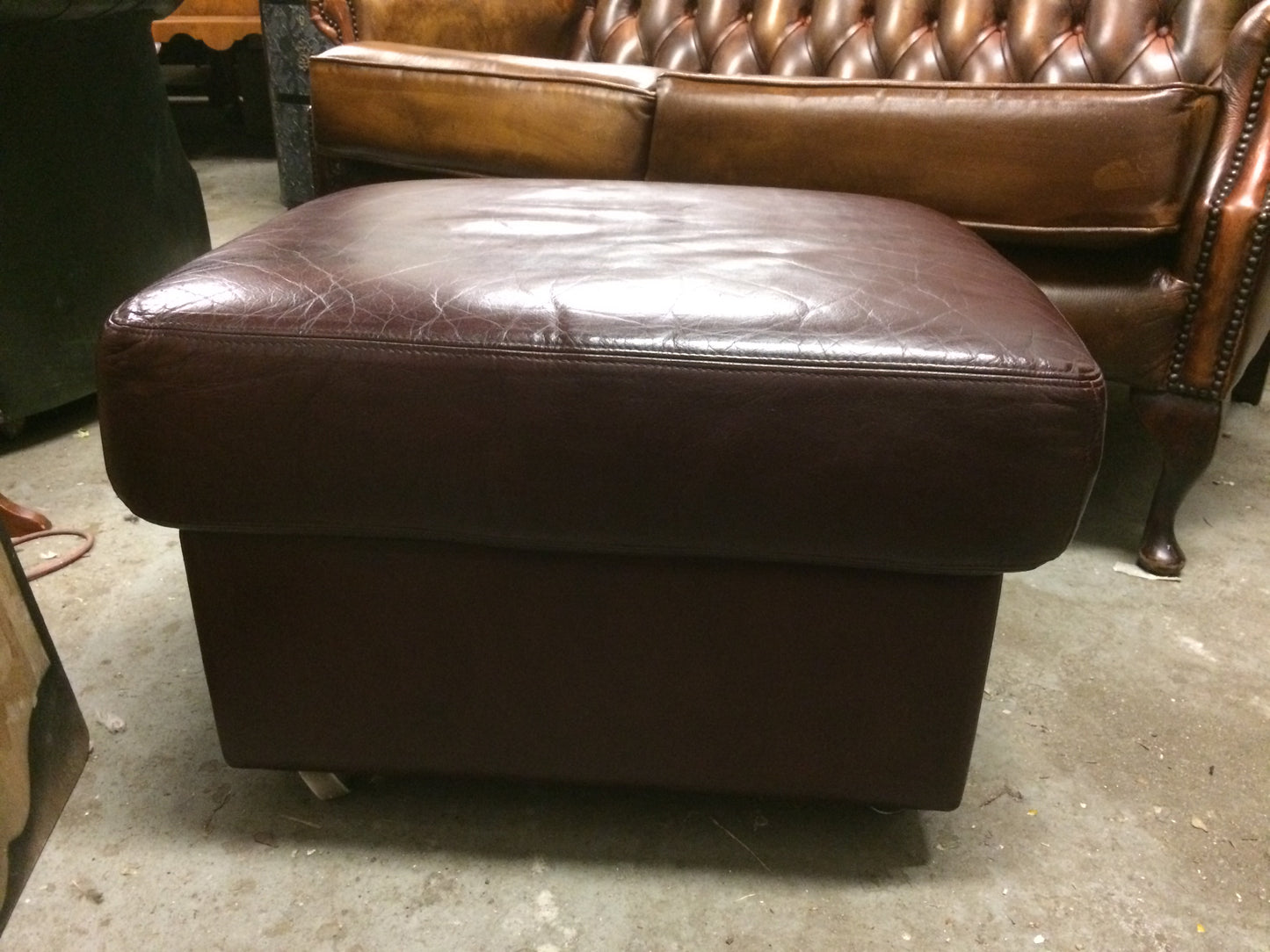 Vintage Retro Dark Red Leather Storage Ottoman / Stool