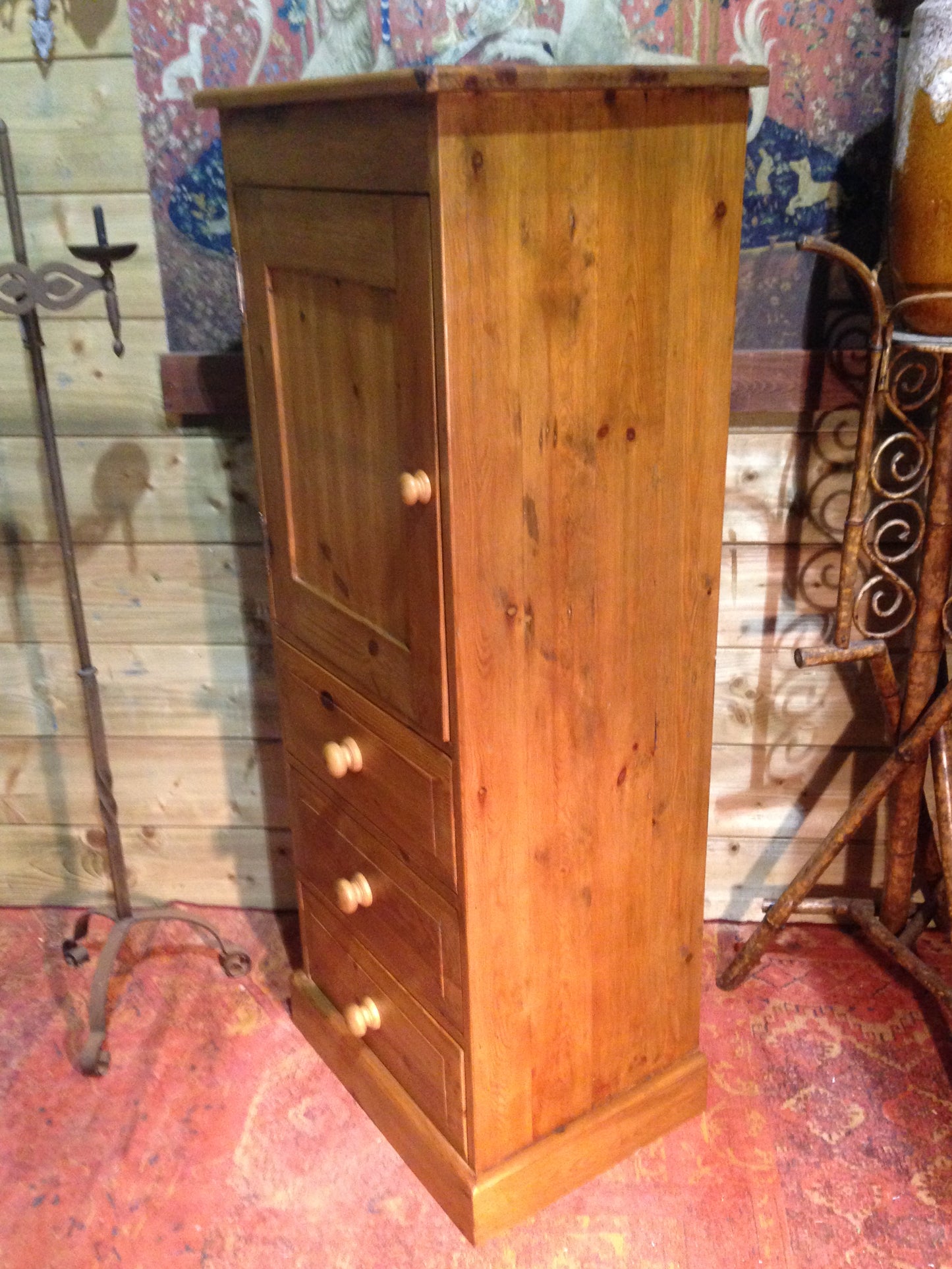 212.....Vintage Pine Tallboy / Pine Media Cabinet On Chest