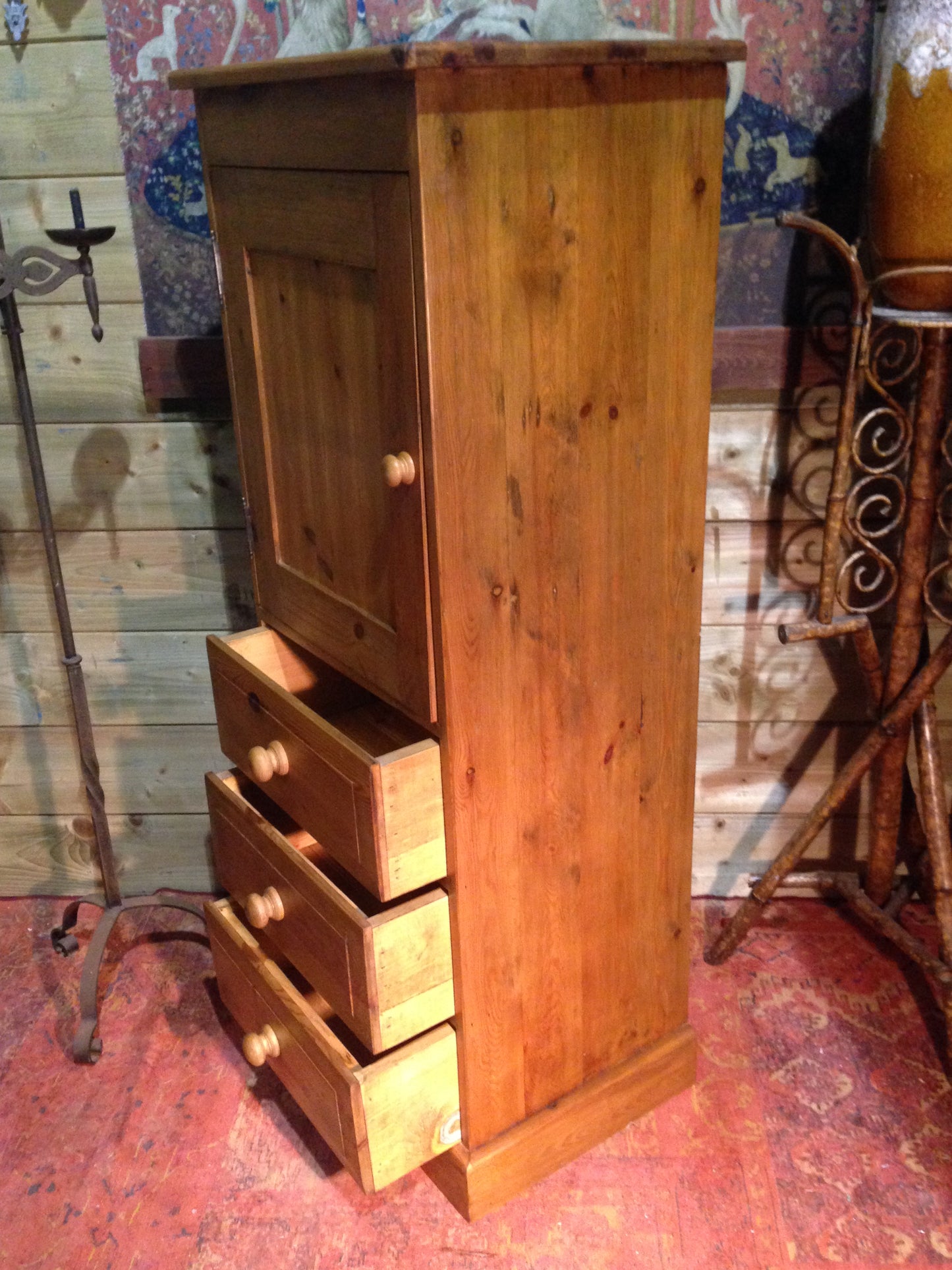 212.....Vintage Pine Tallboy / Pine Media Cabinet On Chest