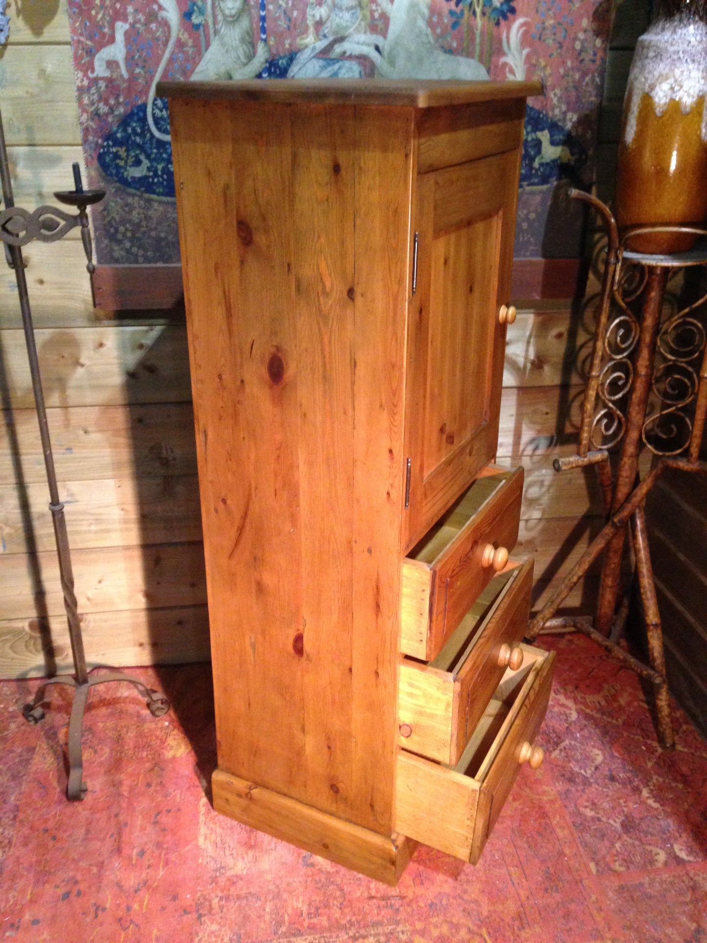 212.....Vintage Pine Tallboy / Pine Media Cabinet On Chest