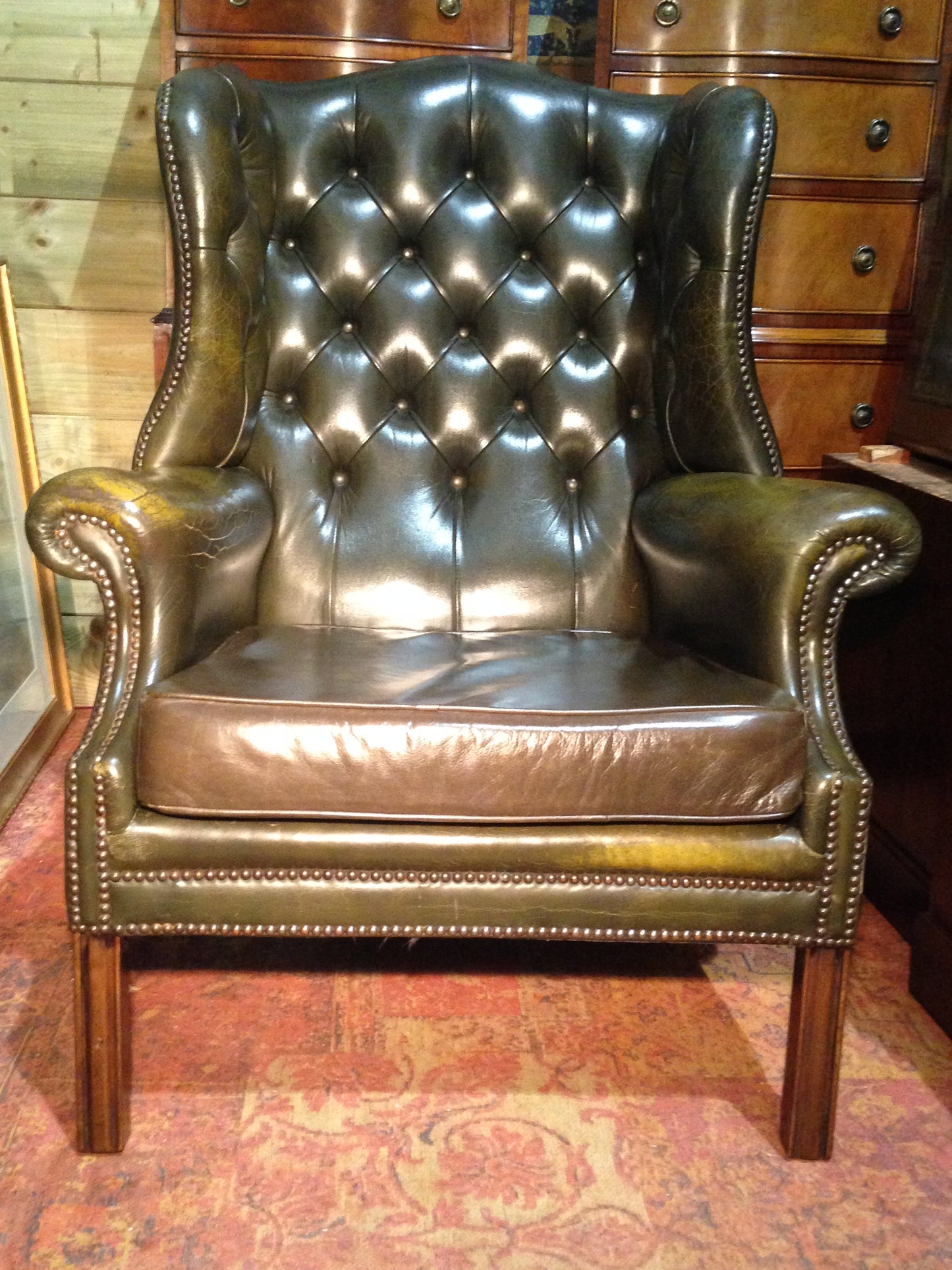 206.....Vintage Leather Chesterfield Style Wing Armchair / Vintage Green Library Chair