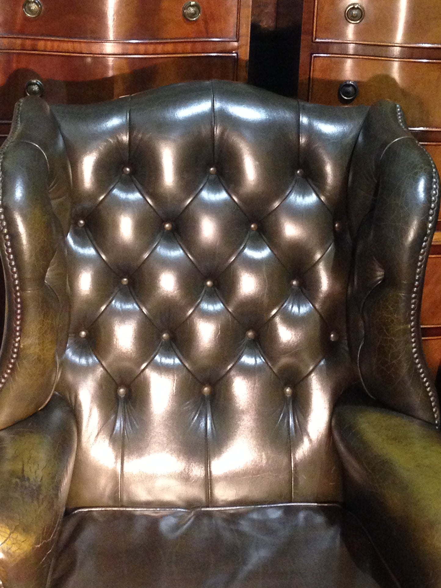 206.....Vintage Leather Chesterfield Style Wing Armchair / Vintage Green Library Chair