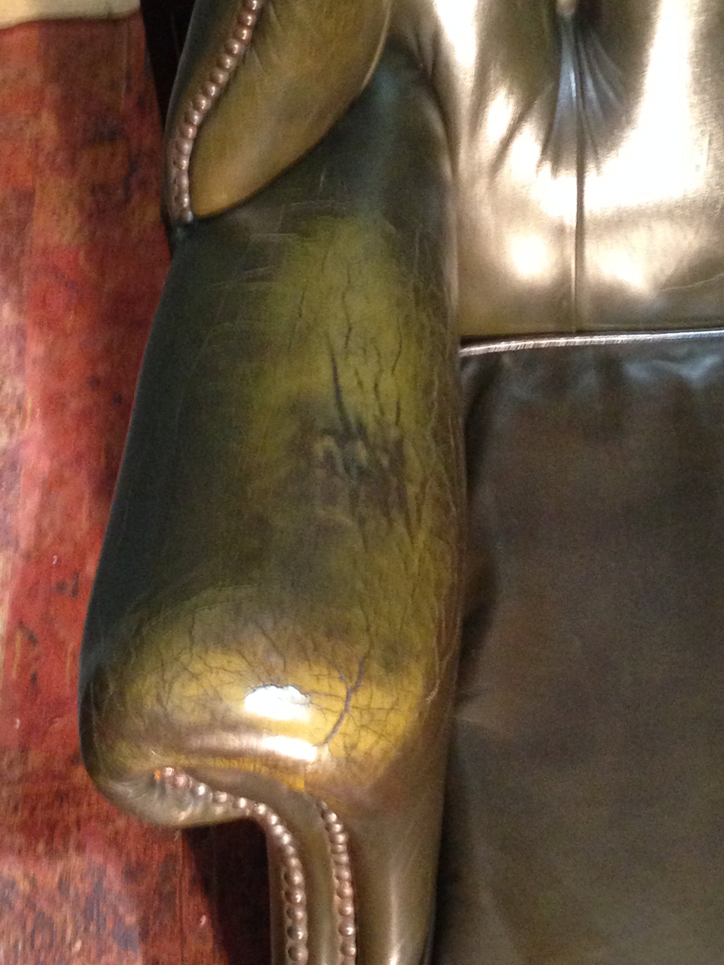 206.....Vintage Leather Chesterfield Style Wing Armchair / Vintage Green Library Chair