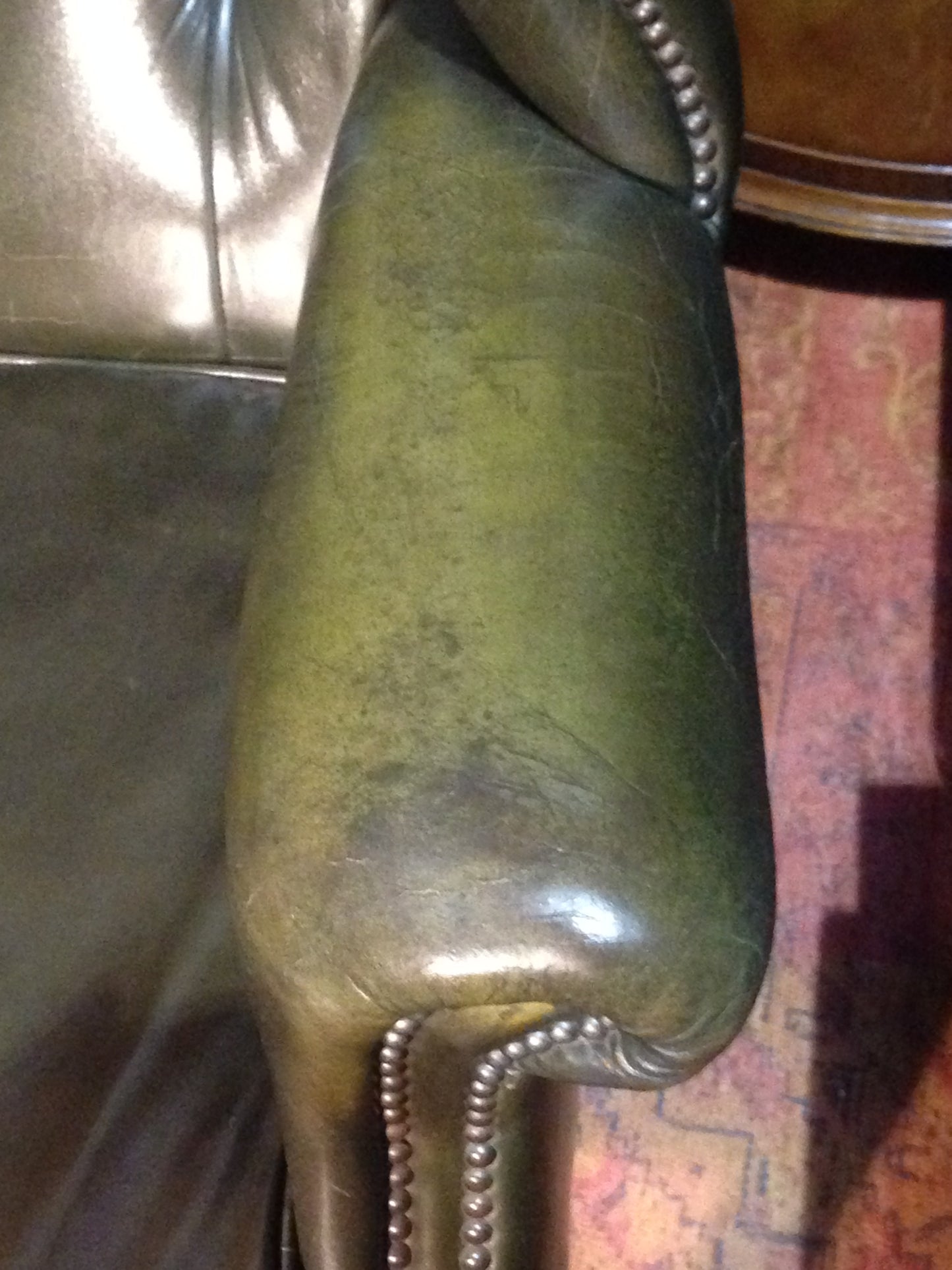 206.....Vintage Leather Chesterfield Style Wing Armchair / Vintage Green Library Chair