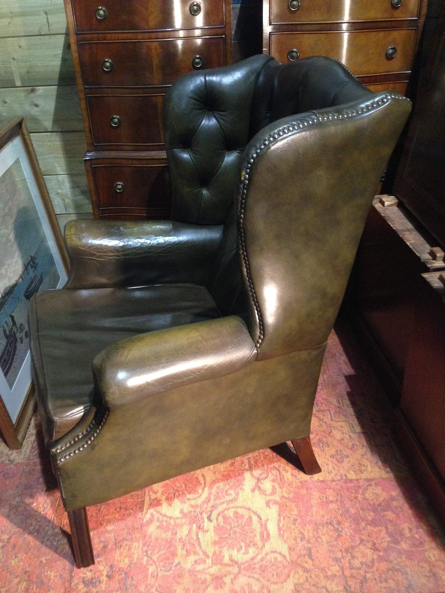 206.....Vintage Leather Chesterfield Style Wing Armchair / Vintage Green Library Chair