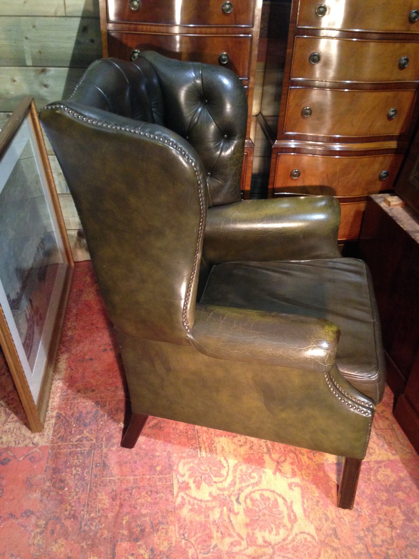 206.....Vintage Leather Chesterfield Style Wing Armchair / Vintage Green Library Chair