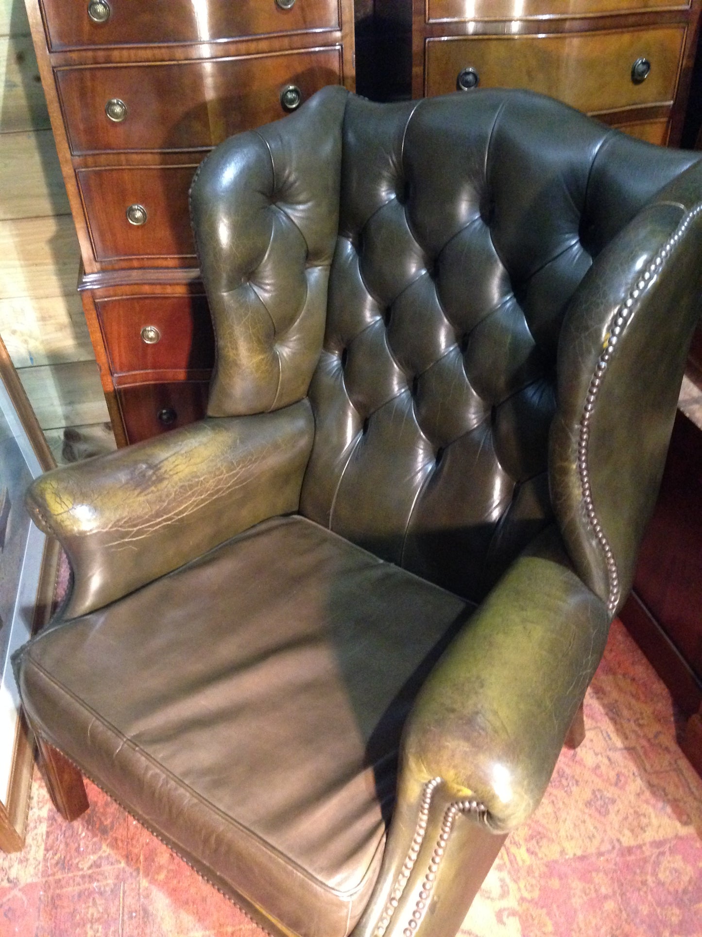 206.....Vintage Leather Chesterfield Style Wing Armchair / Vintage Green Library Chair