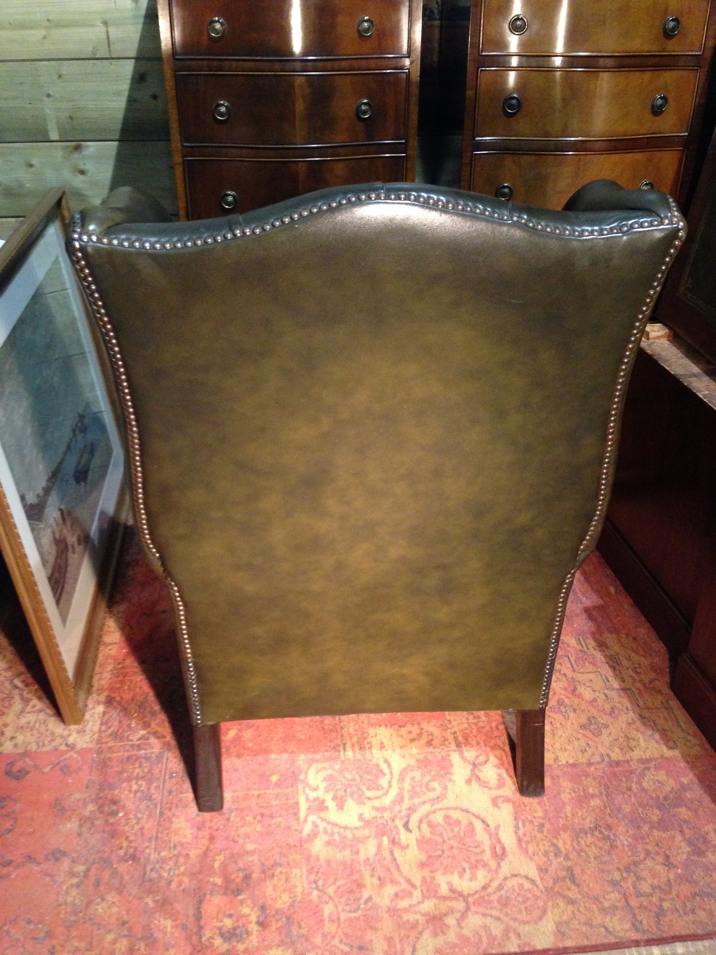 206.....Vintage Leather Chesterfield Style Wing Armchair / Vintage Green Library Chair