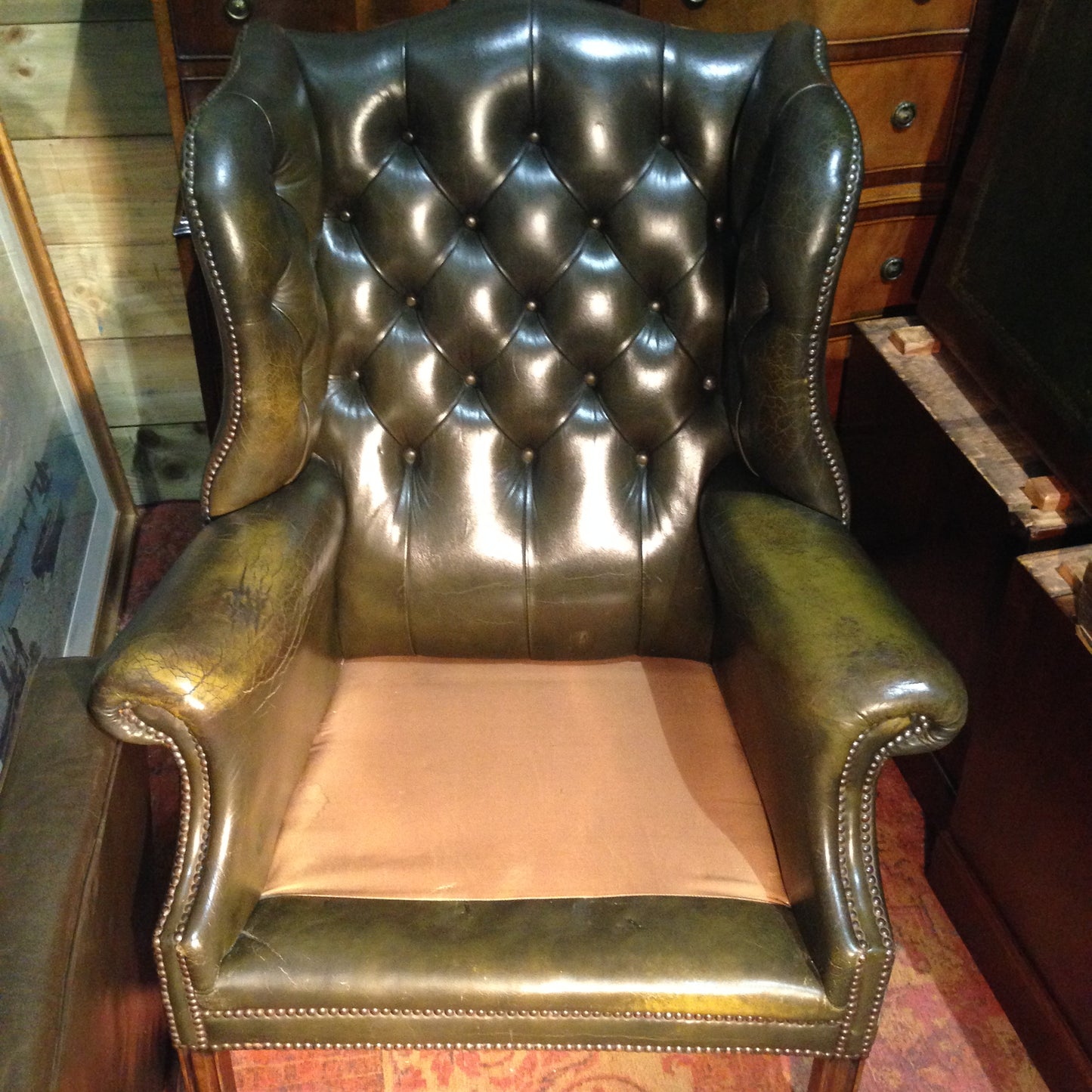 206.....Vintage Leather Chesterfield Style Wing Armchair / Vintage Green Library Chair