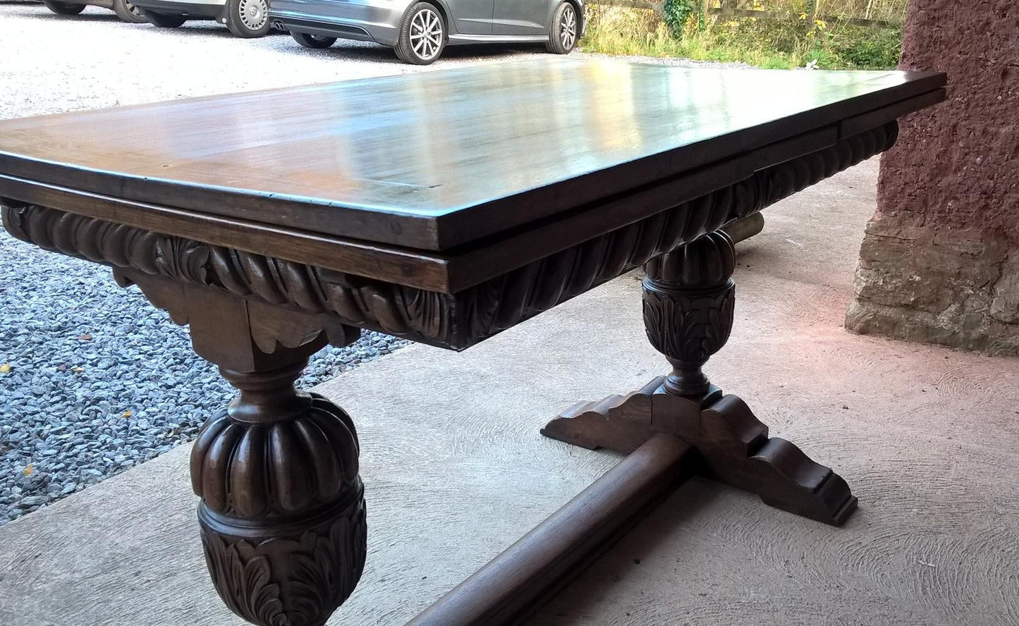 Vintage Large Solid Oak Drawleaf Dining Table