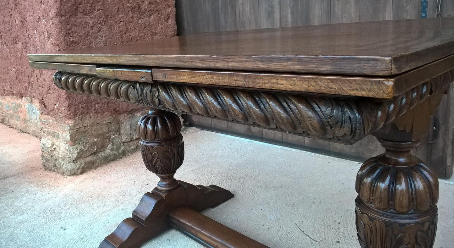 Vintage Large Solid Oak Drawleaf Dining Table