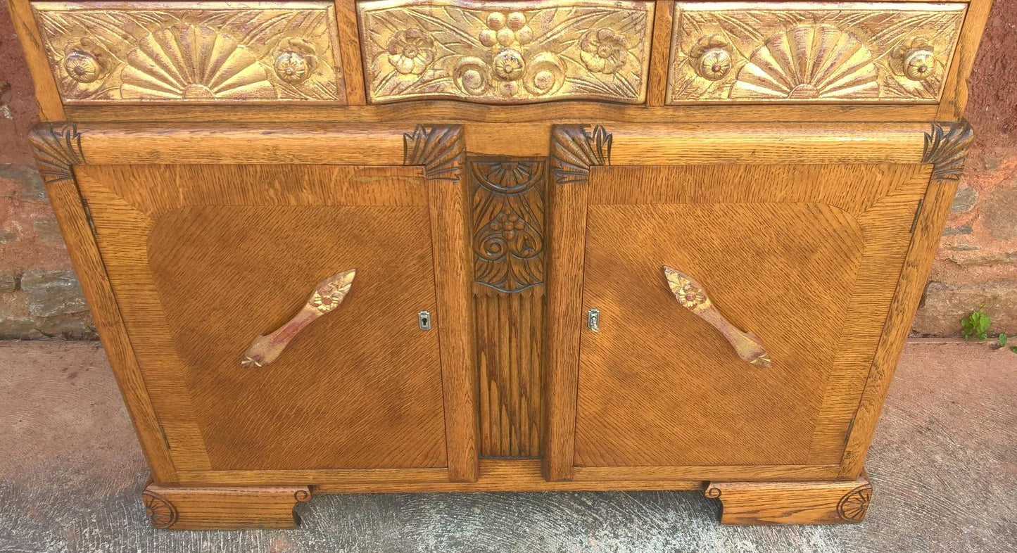 Stunning Vintage Carved Oak Sideboard With Metallic Gilding