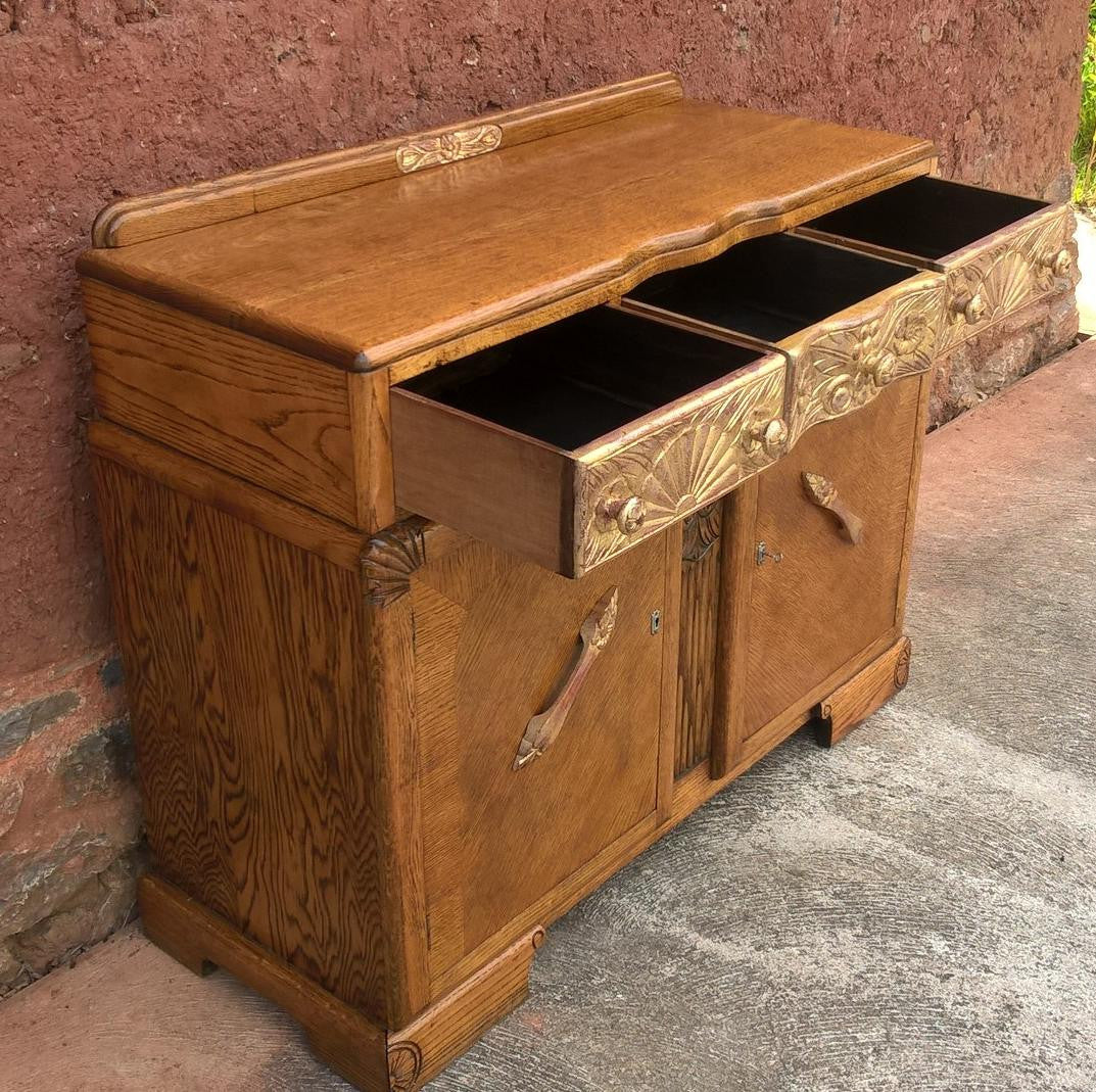 Stunning Vintage Carved Oak Sideboard With Metallic Gilding