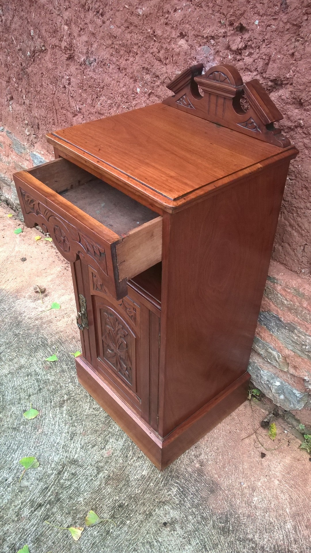 Vintage Carved Walnut Bedside Cabinet / Pot Cupboard