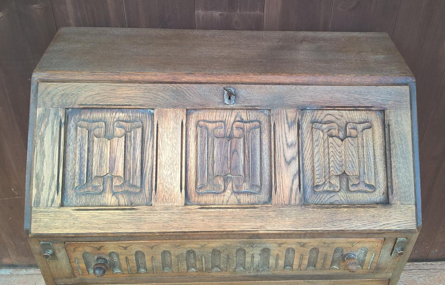 Lovely Vintage Carved And Faded Oak Bureau - Old Charm Style Writing Desk