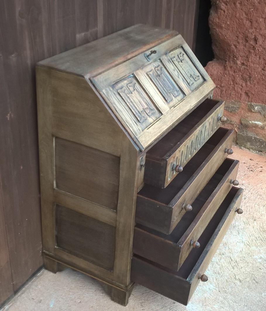 Lovely Vintage Carved And Faded Oak Bureau - Old Charm Style Writing Desk