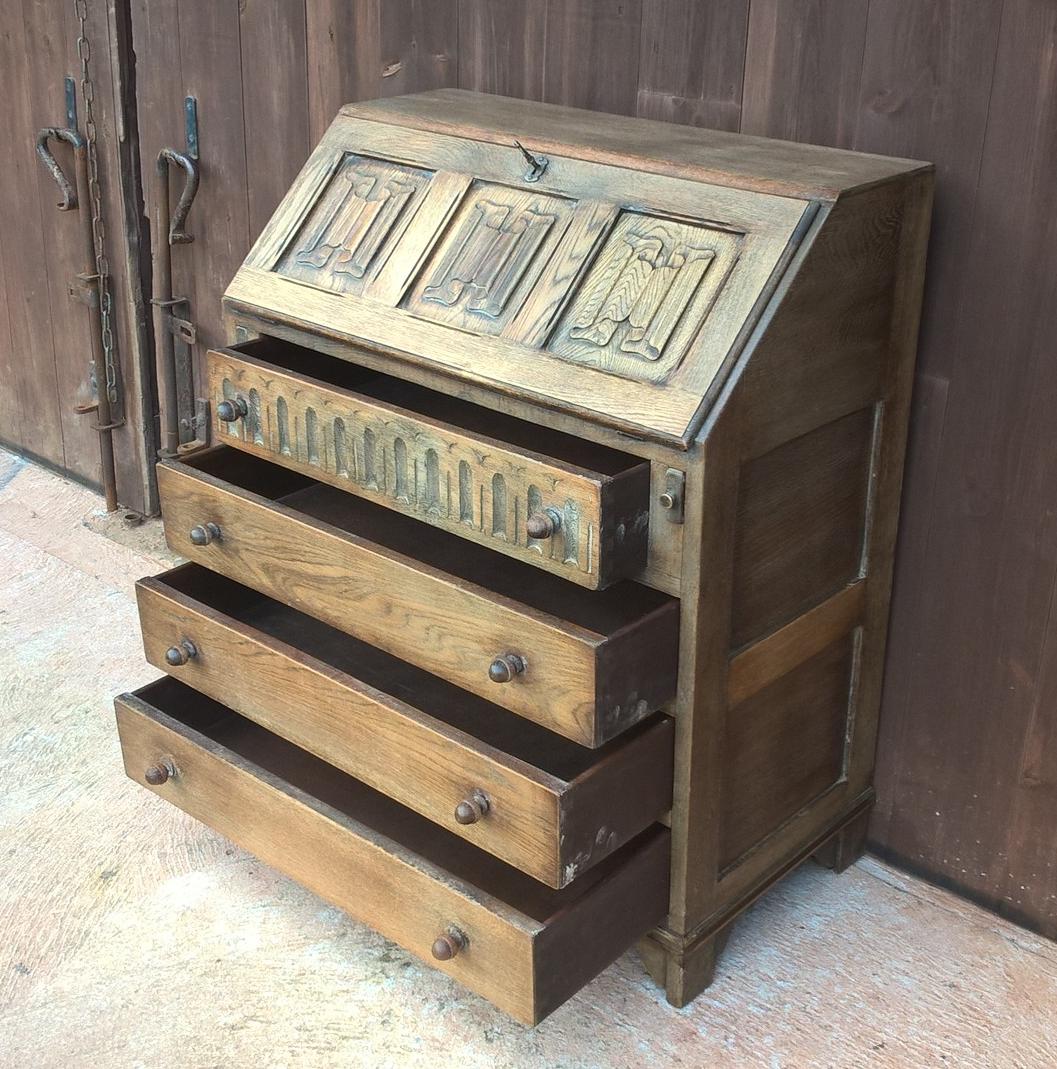 Lovely Vintage Carved And Faded Oak Bureau - Old Charm Style Writing Desk