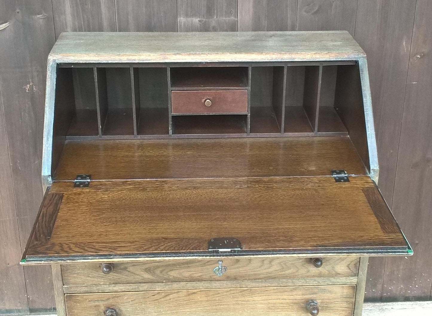 Lovely Vintage Carved And Faded Oak Bureau - Old Charm Style Writing Desk