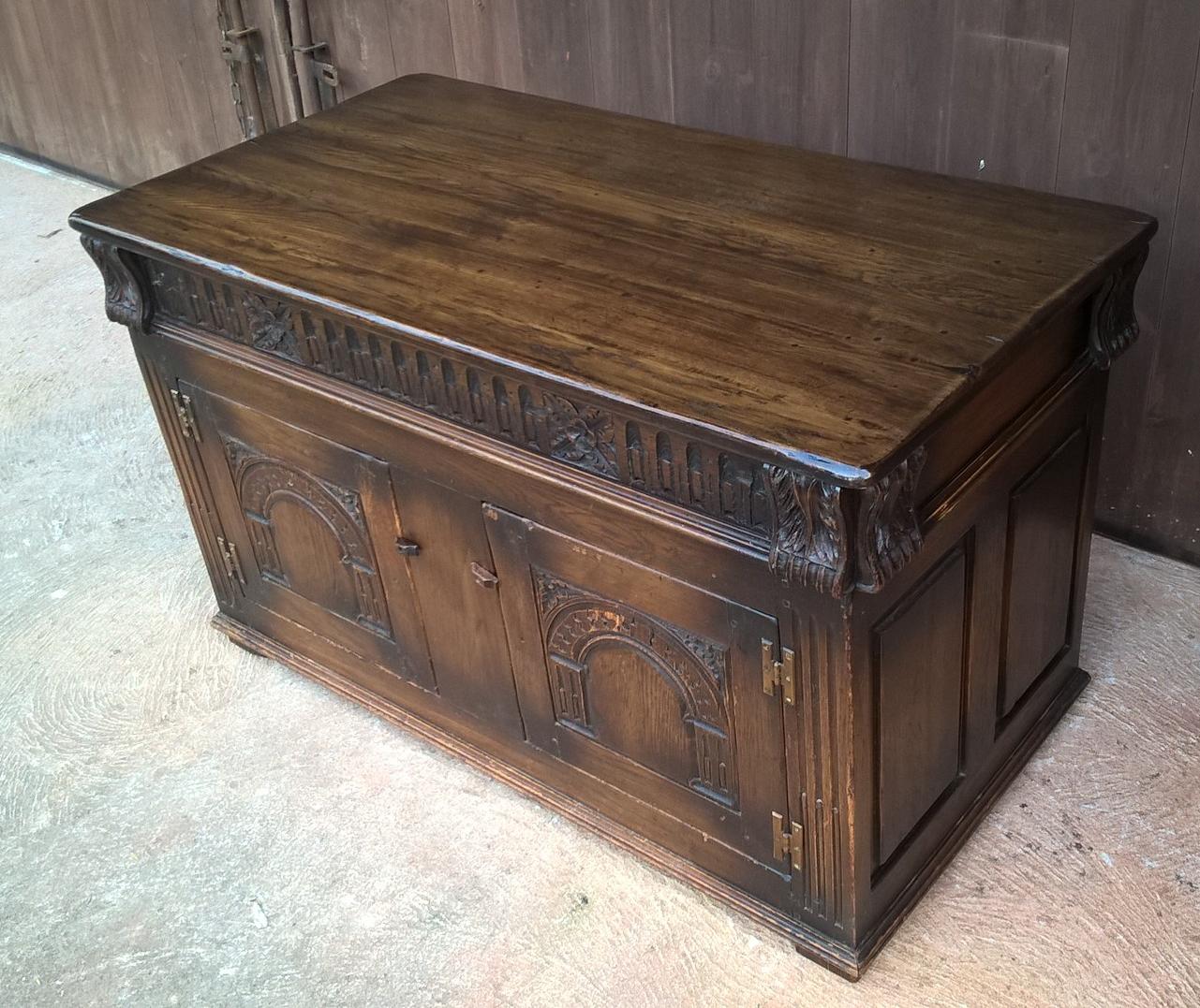 Upcycled Carved Solid Oak Coffer With Opening Doors - Blanket Chest - Coffee Table