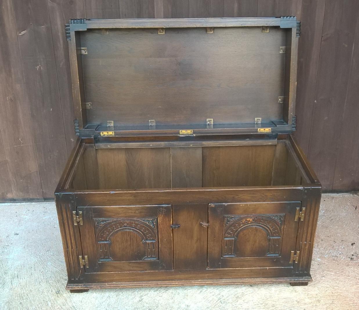 Upcycled Carved Solid Oak Coffer With Opening Doors - Blanket Chest - Coffee Table