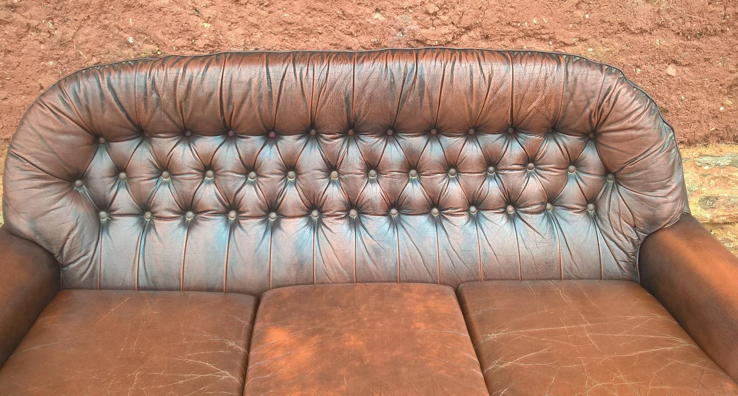 Vintage Leather Deep Buttoned Sofa - Leather 3 Seater Settee