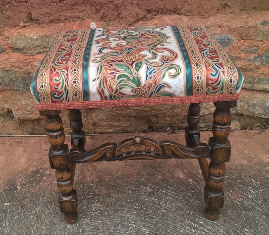 Vintage Carved Oak Stool - Jacobean Style Footstool