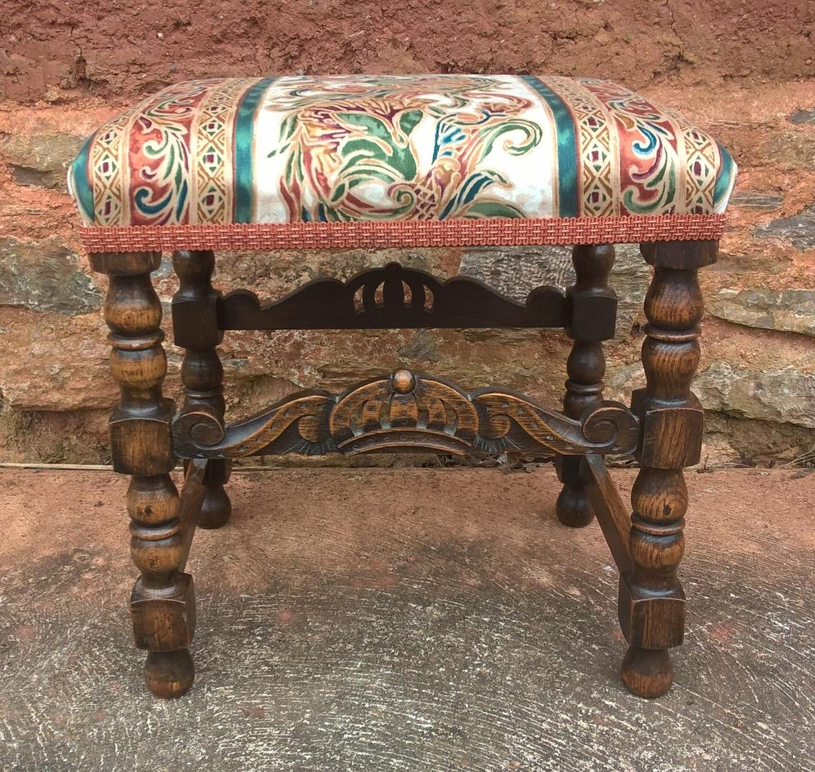 Vintage Carved Oak Stool - Jacobean Style Footstool