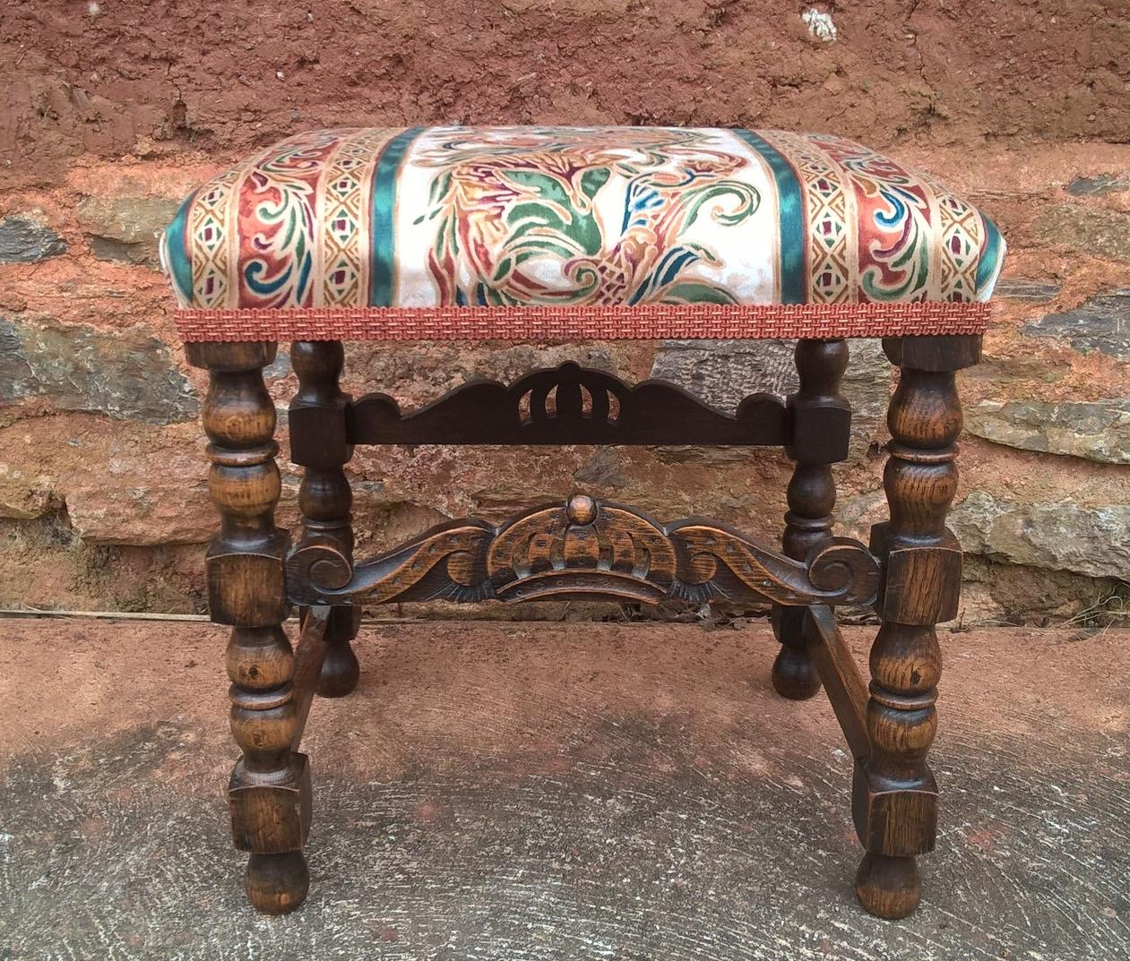 Vintage Carved Oak Stool - Jacobean Style Footstool