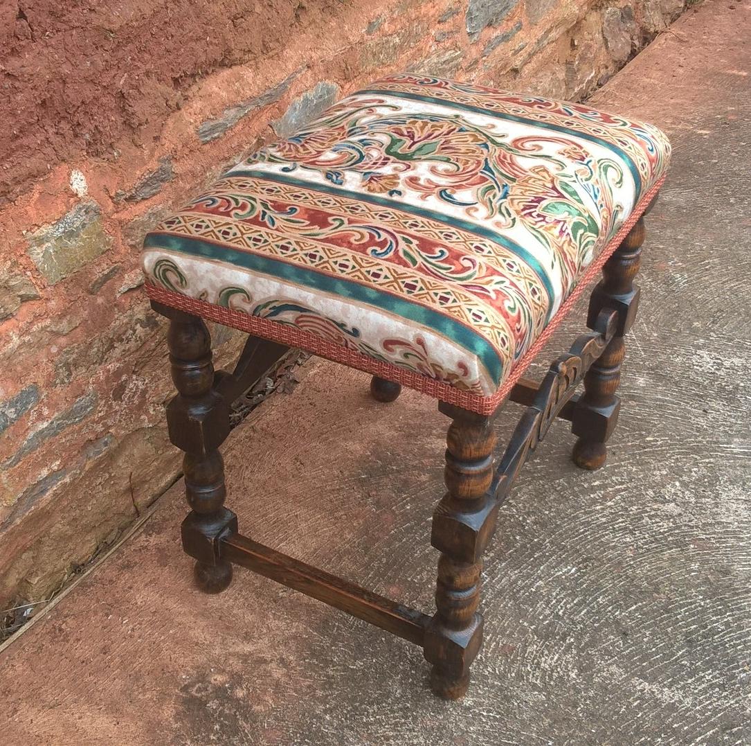 Vintage Carved Oak Stool - Jacobean Style Footstool