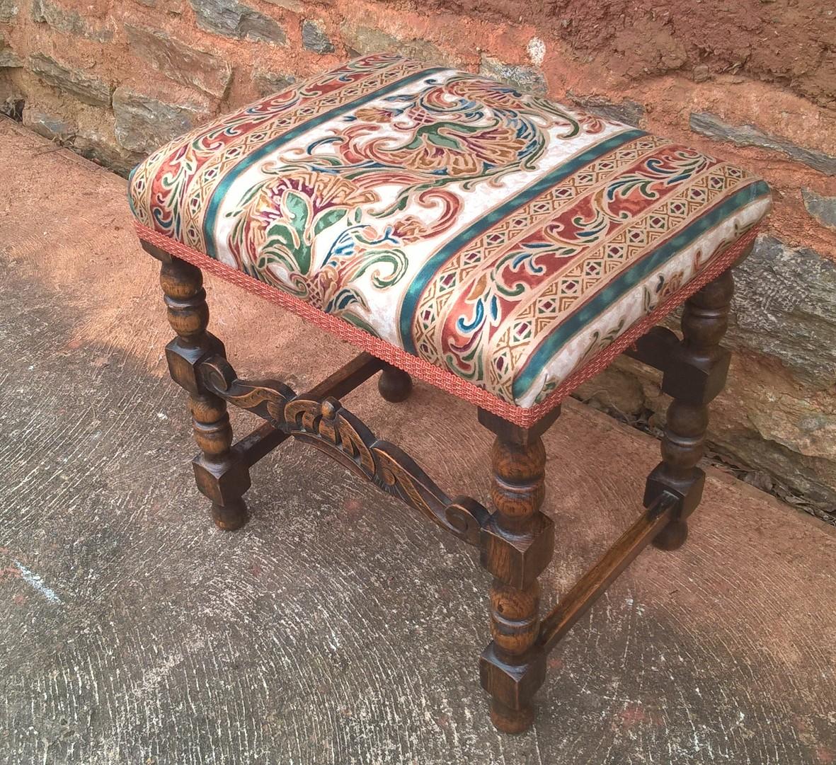Vintage Carved Oak Stool - Jacobean Style Footstool