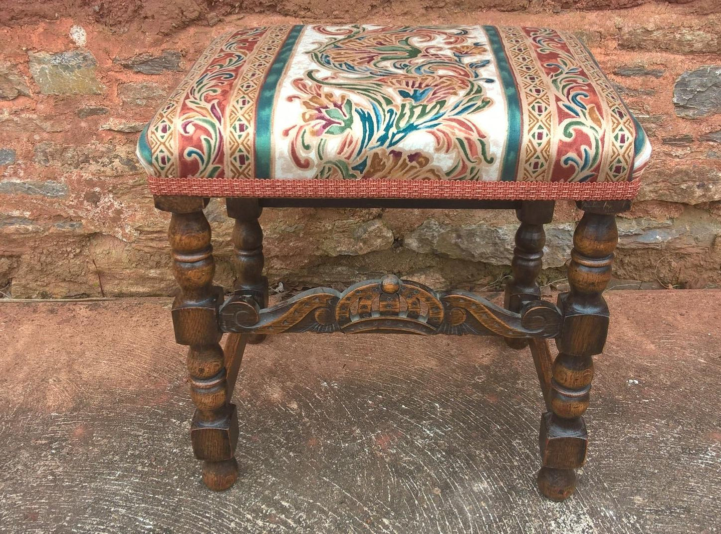 Vintage Carved Oak Stool - Jacobean Style Footstool