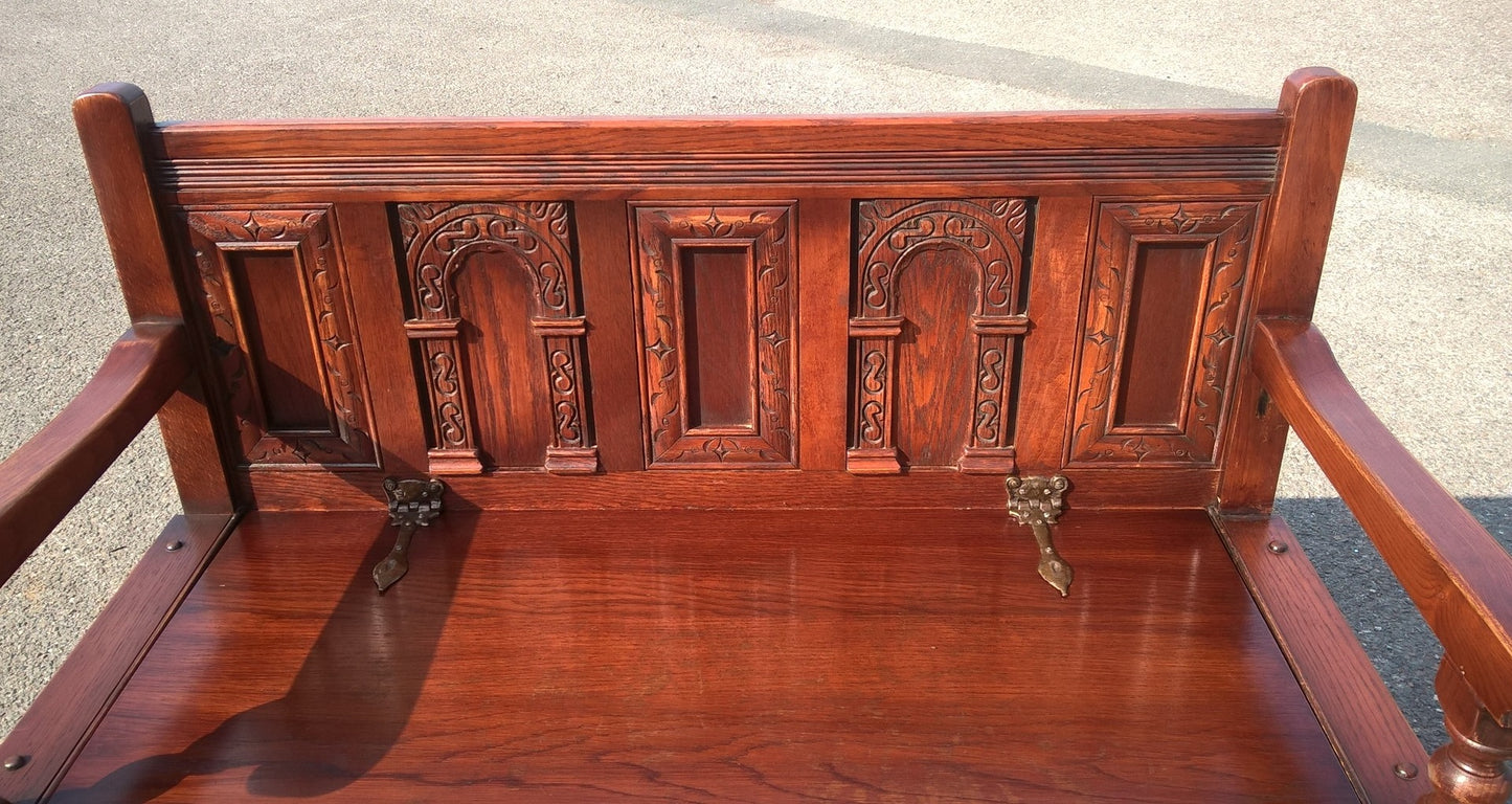 Small Vintage Carved Oak Settle - Gorgeous Old Charm Style Bench Seat