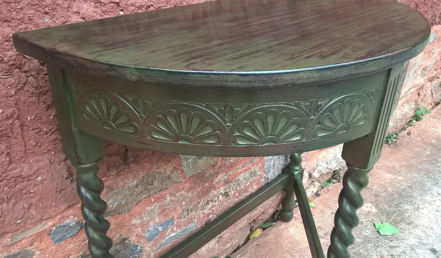 Vintage Oak Hall Table / Carved Oak Demi Lune Table