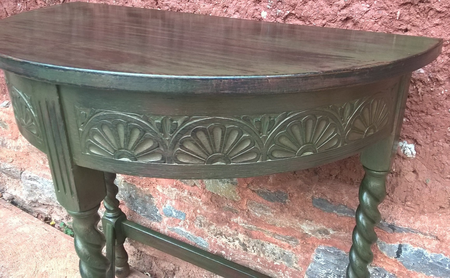 Vintage Oak Hall Table / Carved Oak Demi Lune Table
