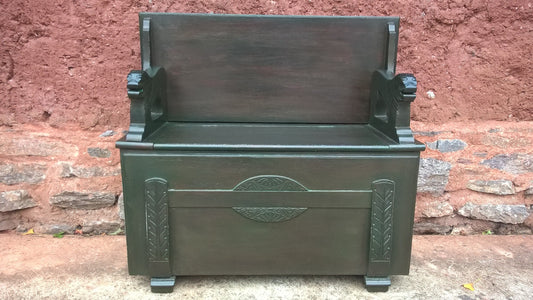 Carved Oak Hall Seat / Oak Monks Bench / Oak Settle