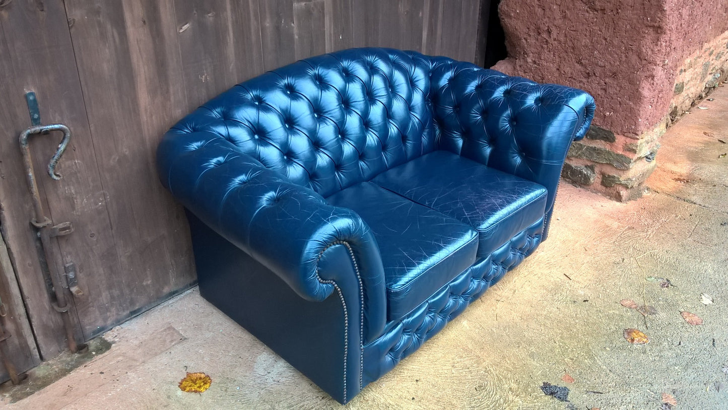 Stunning Vintage Dark Blue Chesterfield Style Leather Sofa