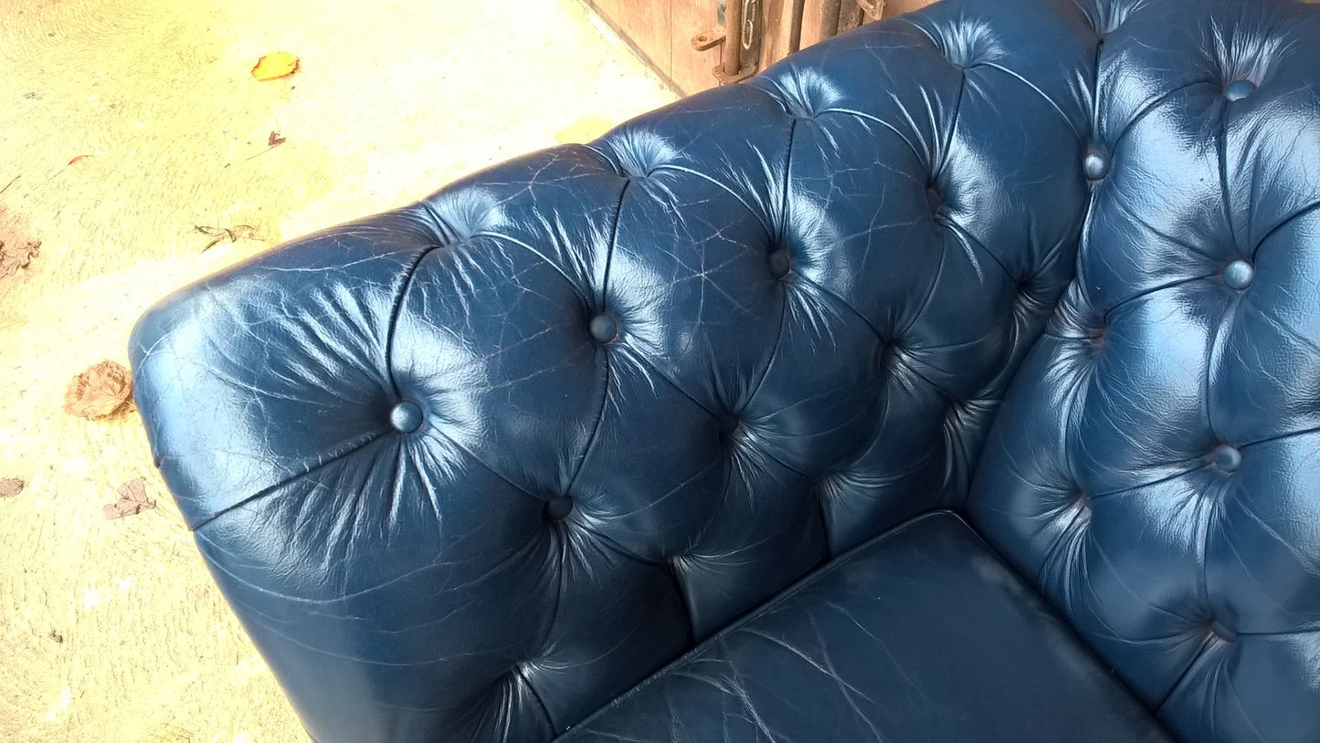 Stunning Vintage Dark Blue Chesterfield Style Leather Sofa