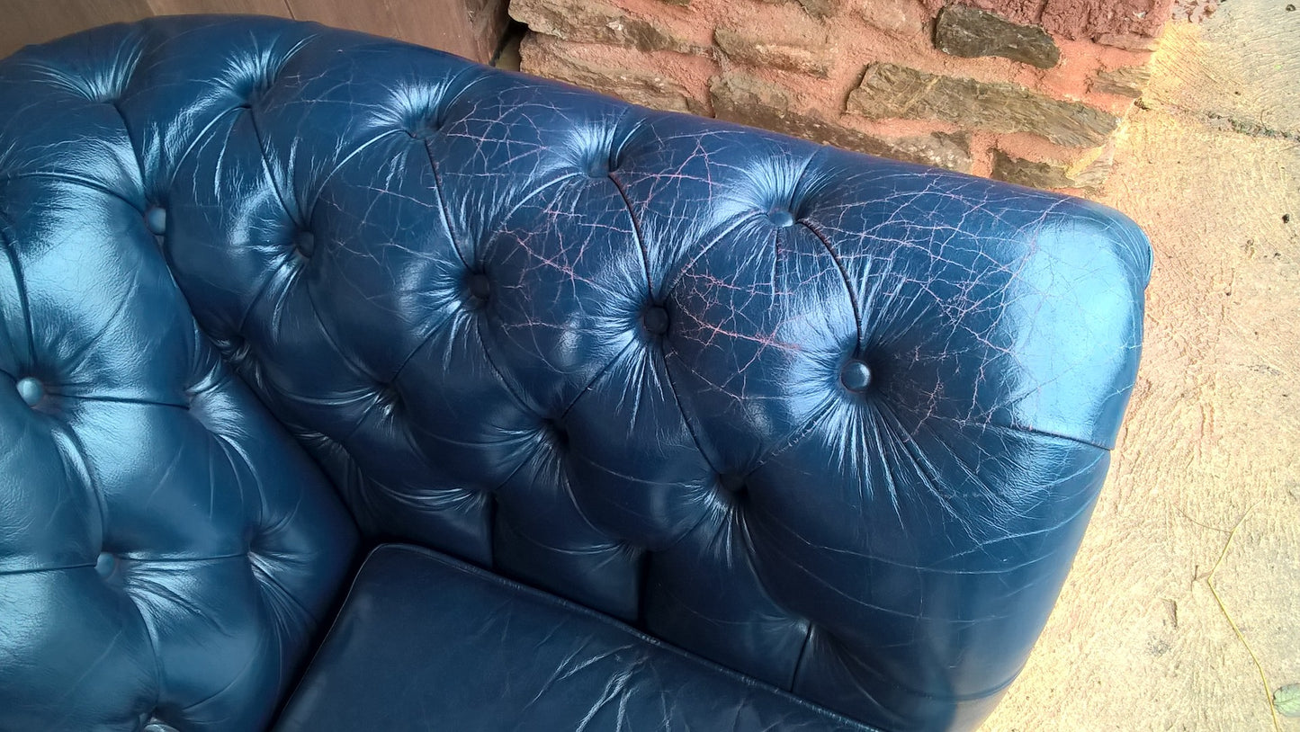 Stunning Vintage Dark Blue Chesterfield Style Leather Sofa