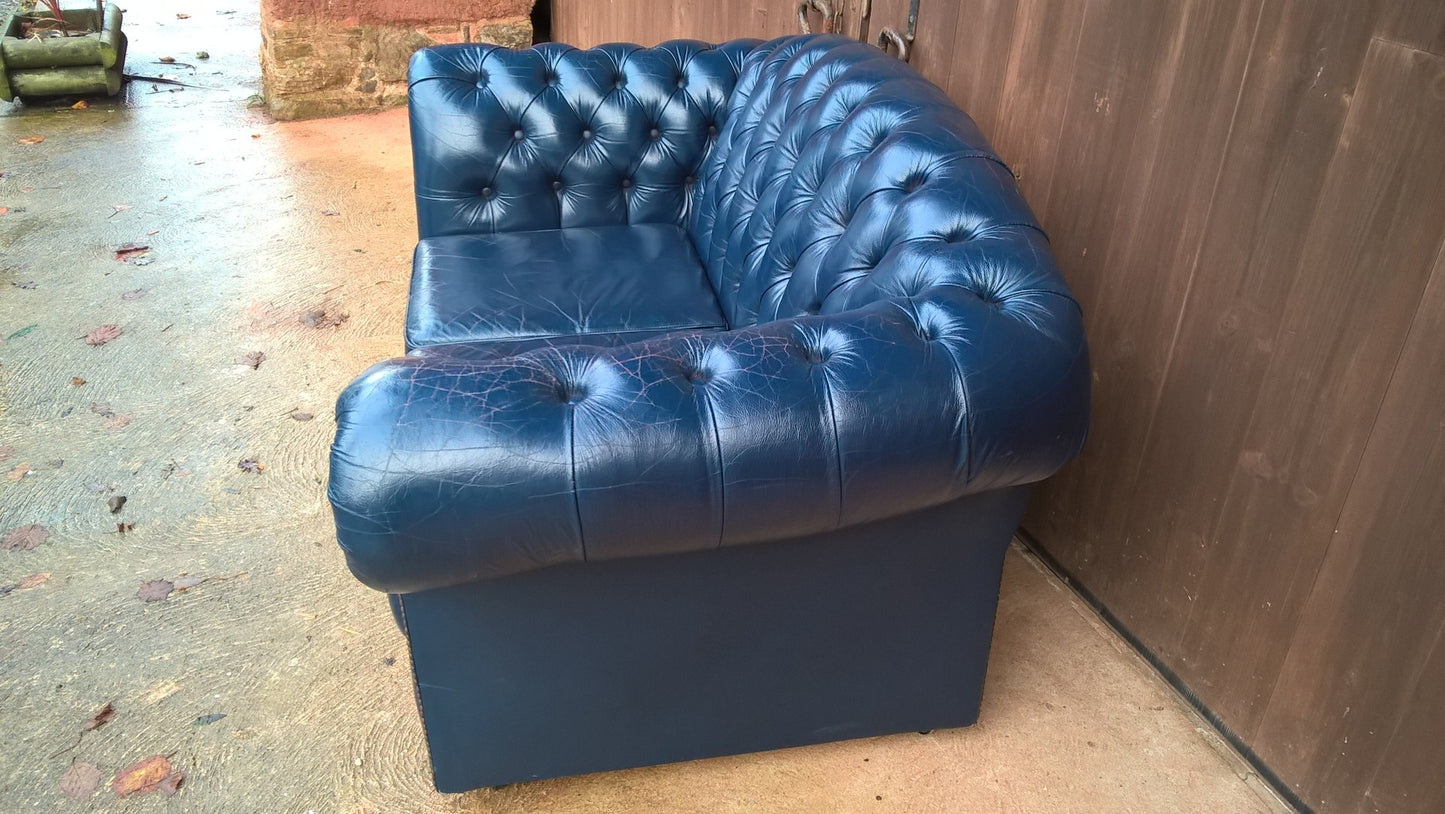 Stunning Vintage Dark Blue Chesterfield Style Leather Sofa