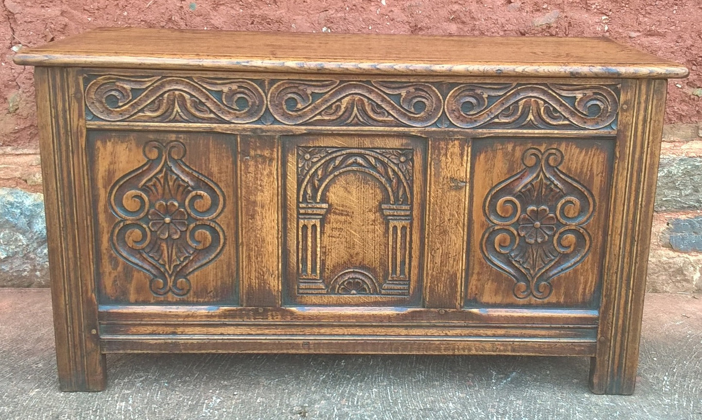 Gorgeous Small Carved Oak Coffer / Vintage Storage Chest