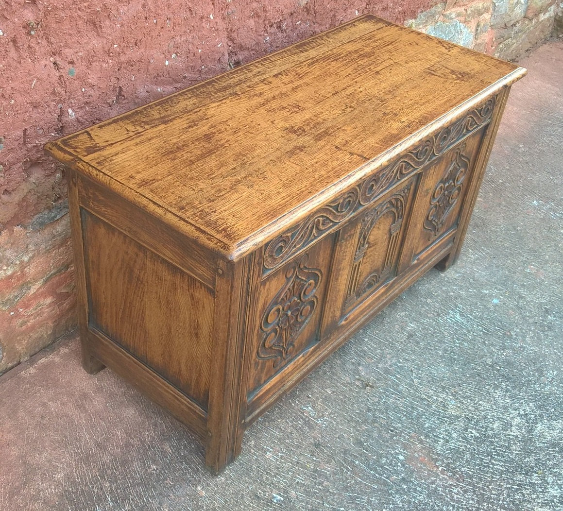 Gorgeous Small Carved Oak Coffer / Vintage Storage Chest