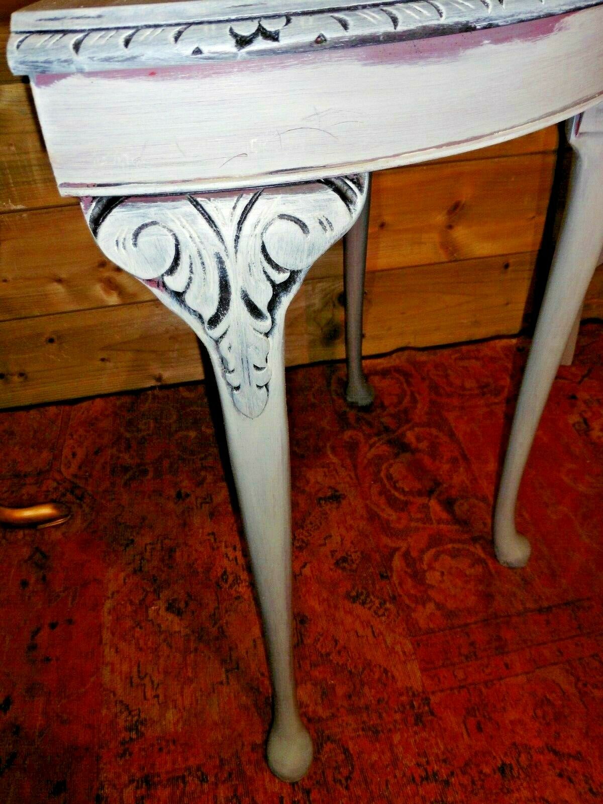 115.....Vintage Carved Hall Table / Refinished Demi Lune Table
