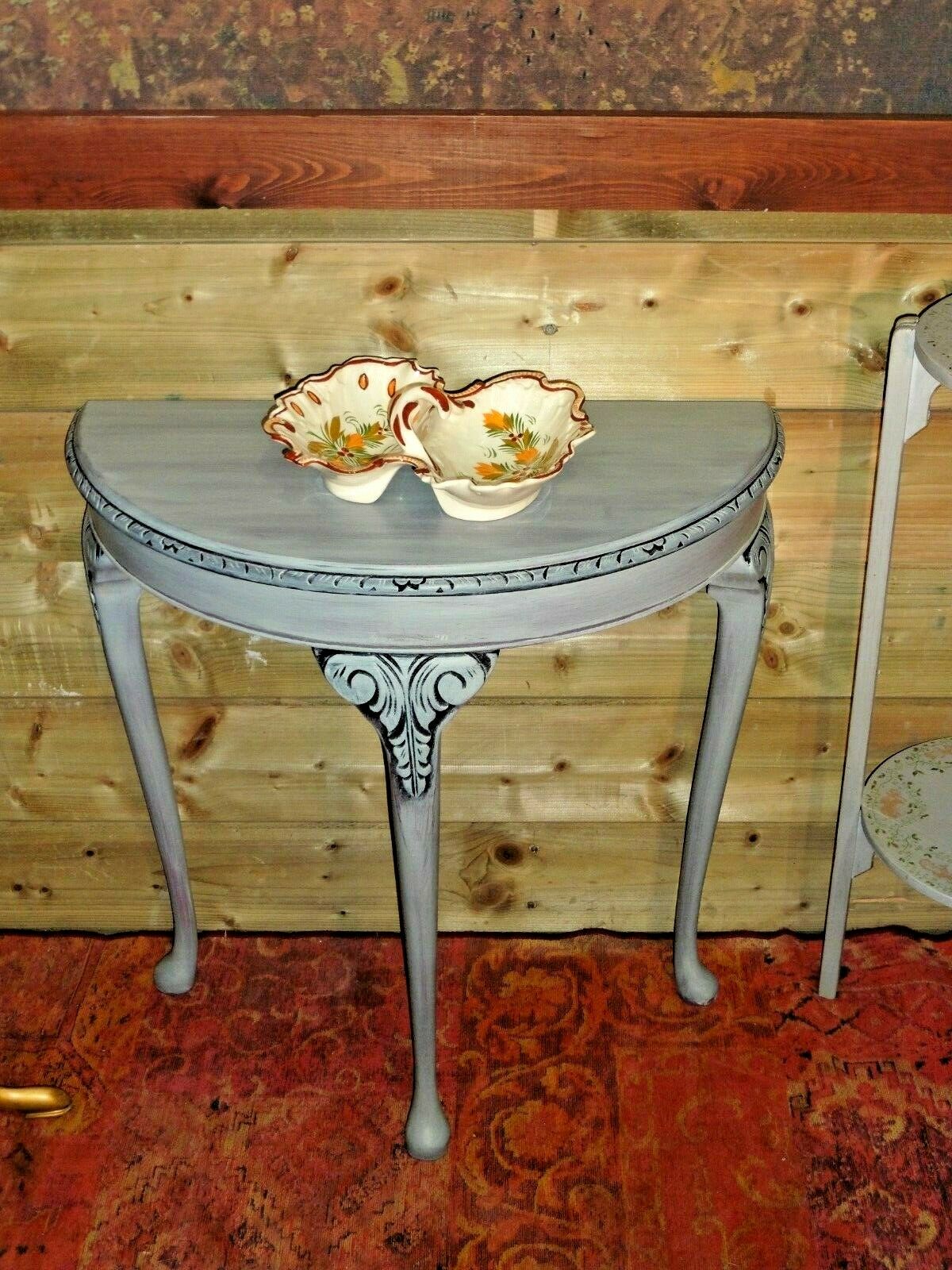 115.....Vintage Carved Hall Table / Refinished Demi Lune Table
