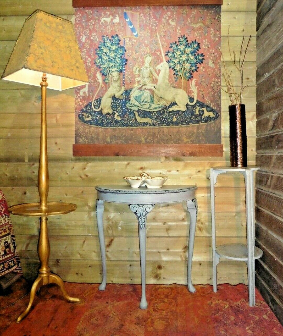 115.....Vintage Carved Hall Table / Refinished Demi Lune Table